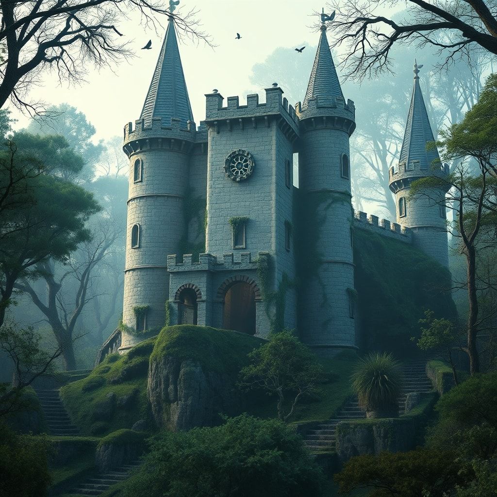 Castillo antiguo entre la niebla de un bosque mágico, escenario de cuento de hadas.