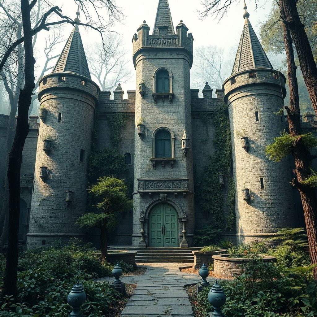 Castillo antiguo rodeado por un bosque mágico y una densa niebla, como un cuento de hadas.
